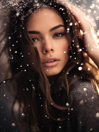 Beautiful young woman with snowflakes on her face. Winter fashion.の素材