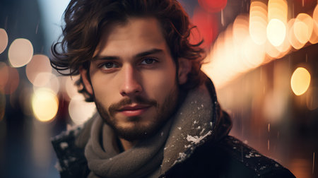 Portrait of a handsome young man in winter coat and scarf.の素材