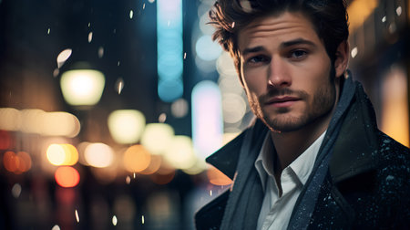 Portrait of a handsome young man in a raincoat at night.の素材