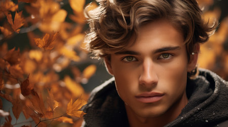 Portrait of a handsome young man in autumn park. Men's beauty, fashion.の素材