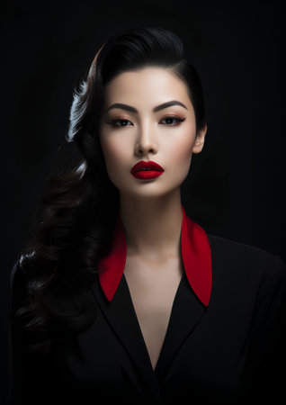 Portrait of beautiful asian woman with makeup and red lips on black backgroundの素材
