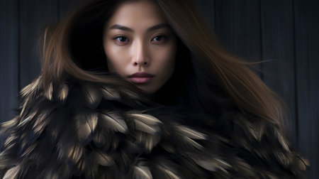 Beautiful asian woman with black fur coat on dark background.の素材