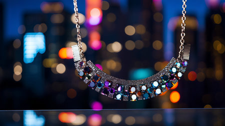 Necklace with precious stones on the background of the night cityの素材