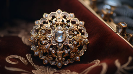 Jewelry ring with precious stones on a red background close upの素材