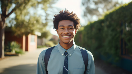 Portrait of a smiling african american college student standing outdoorsの素材