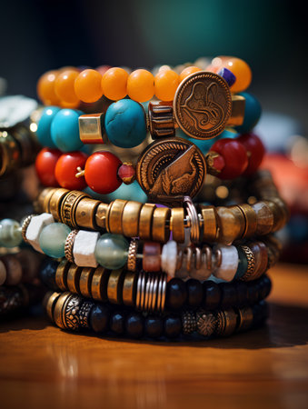 Set of different bracelets on a wooden table, close-upの素材