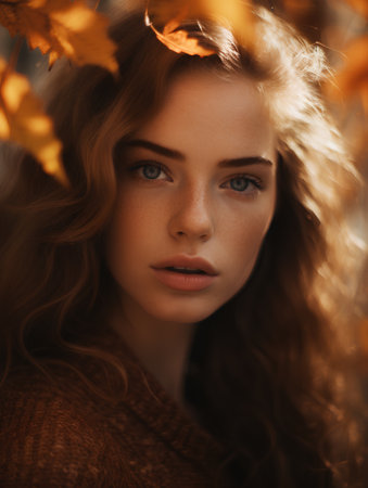 Autumn portrait of a beautiful young woman in the forest. Beauty, fashion.の素材