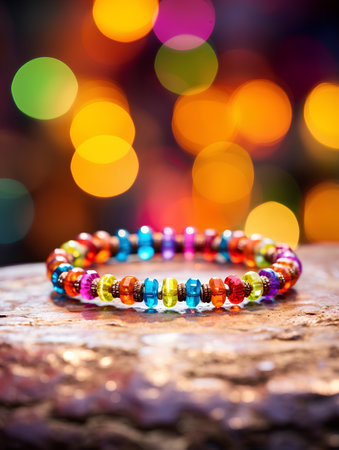 Colorful bracelets on bokeh background. Boho style.の素材