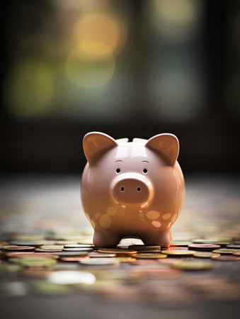 Piggy bank on golden coins background with bokeh effectの素材