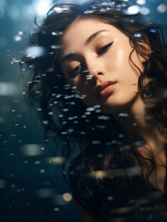 Beautiful brunette girl with long curly hair. Portrait of a beautiful young woman in the rain.の素材