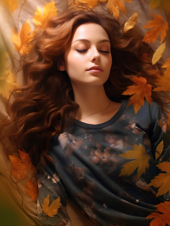 Portrait of beautiful young woman with long curly hair lying on autumn leavesの素材