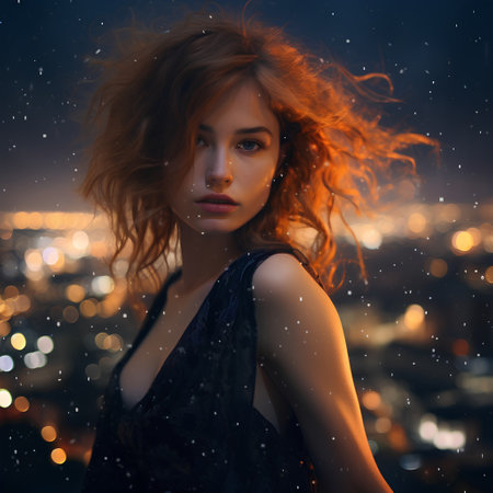 Beautiful young woman with long curly red hair in a black dress on the background of the night cityの素材