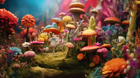 3D render of a fantasy garden with flowers and mushrooms. 3D illustration.の素材