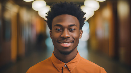 Portrait of a young african american man in an orange shirtの素材