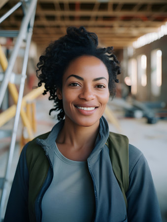 Portrait of smiling african american woman standing in parking lotの素材