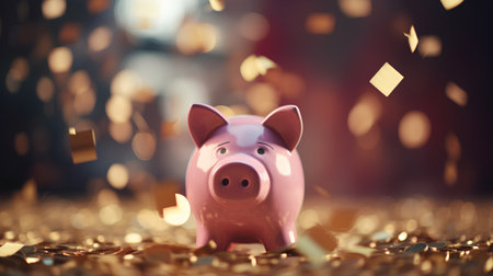 Piggy bank with golden confetti on bokeh backgroundの素材
