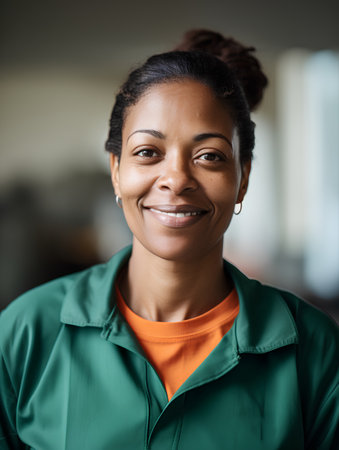 portrait of smiling african american female worker in green uniformの素材