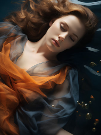 Portrait of a beautiful young woman lying on the floor. Studio shot.の素材