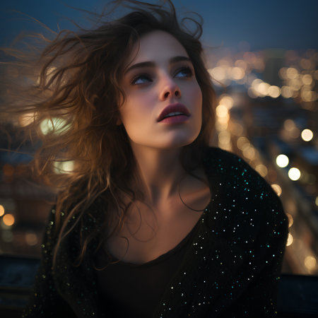 Beautiful young woman with windy hair in the city at nightの素材