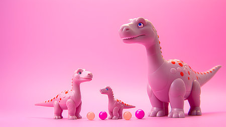 3d render of a dinosaur family and eggs on pink background.の素材