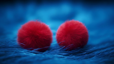 Red fluffy earrings on a blue background. Shallow depth of field.の素材