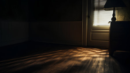 A dark room with a wooden floor and a window. 3d renderの素材