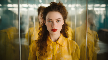 portrait of a beautiful girl in a yellow blouse in the studioの素材