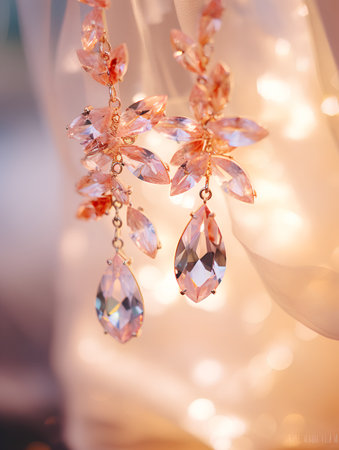 Beautiful jewelry on the background of a garland with lights.の素材