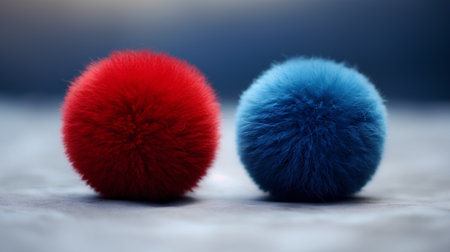 Blue and red fur balls on a blue background. 3d renderingの素材