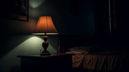 Lamp on the bedside table in the dark room. 3d renderingの素材
