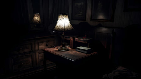 Lamp on the desk in the dark room. 3d renderingの素材