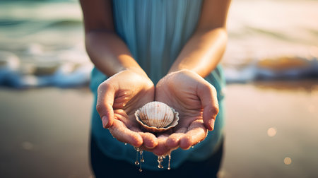 Young woman holding seashells in her hands on the beach.の素材