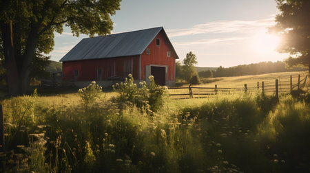 Red barn in the meadow at sunset. Beautiful summer landscape.の素材