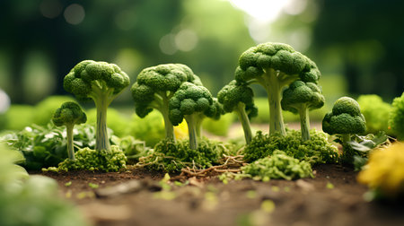 Green broccoli sprouts growing in soil on blurred background, closeupの素材