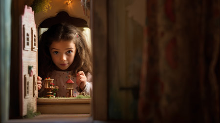 Little girl playing with gingerbread houses in the window at home.の素材
