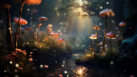 Fantasy fantasy landscape with magic mushrooms. 3d render illustration.の素材