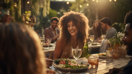 Portrait of a beautiful young woman with curly hair sitting at a table in a restaurantの素材
