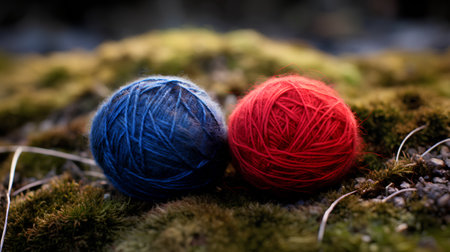 Two balls of yarn for knitting in the moss. Selective focus.の素材
