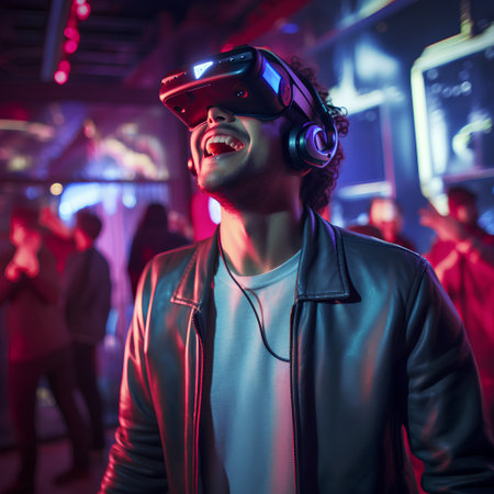 Portrait of a young man with a virtual reality headset in a nightclubの素材