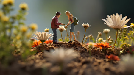 Miniature people : Couple standing on the ground with beautiful flowers.の素材