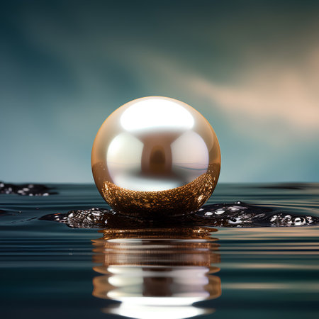 3d render of a golden sphere on water surface with ripplesの素材