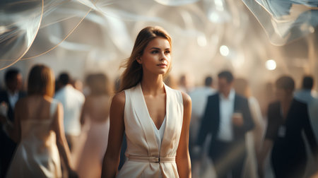 beautiful girl in a white dress on a background of a crowd of peopleの素材