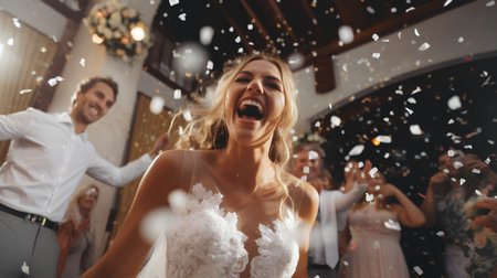 Newlywed couple dancing in the restaurant with confetti falling downの素材