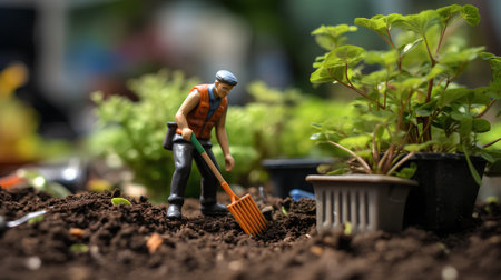 Miniature people : gardener working in the garden. Gardening concept.の素材