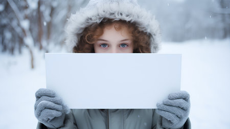 Portrait of a young girl in winter clothes holding a white sheet of paperの素材