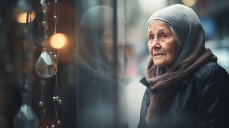 Elderly woman is standing near the shop window in the city.の素材