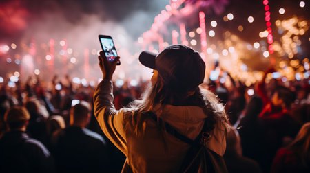 Woman taking a selfie with a smartphone at a live music festival.の素材