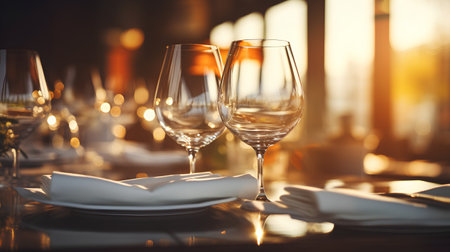 Restaurant table set for fine dining with empty wine glasses.の素材