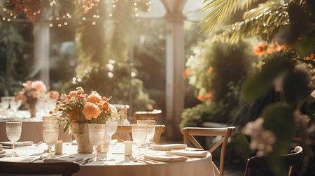 Wedding table setting with flowers and crockery, selective focusの素材