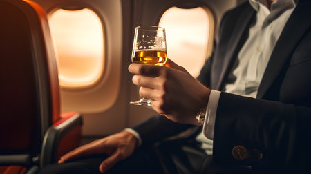 Businessman holding a glass of champagne in the plane during flight.の素材